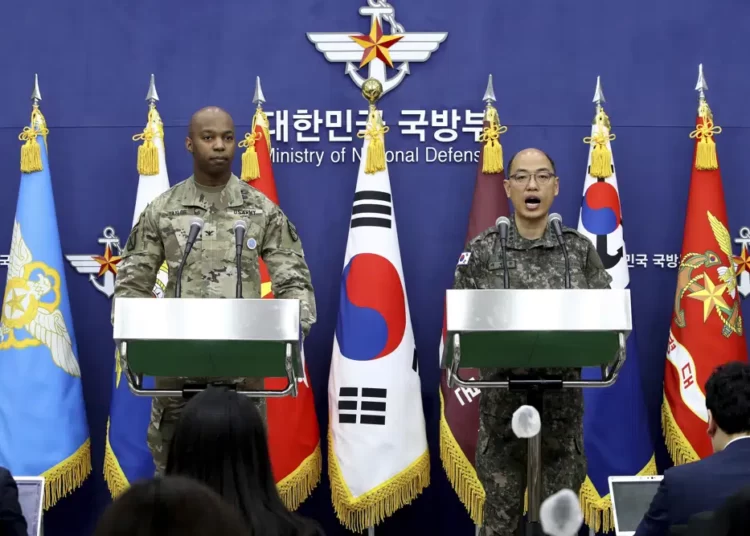 Col. Isaac Taylor, left, of the United Nations Command (UNC), Combined Forces Command (CFC), and United States Forces Korea (USFK) and Col. Lee Sung-jun of South Korea's Joint Chiefs of Staff attend the press briefing of the Freedom Shield Exercise at the Defense Ministry Friday, March 3, 2023 in Seoul, South Korea.