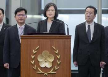 Taiwan's President, Tsai Ing-wen speaks before departing on an overseas trip at Taoyuan International Airport in Taipei, Taiwan, Wednesday, March 29, 2023.
