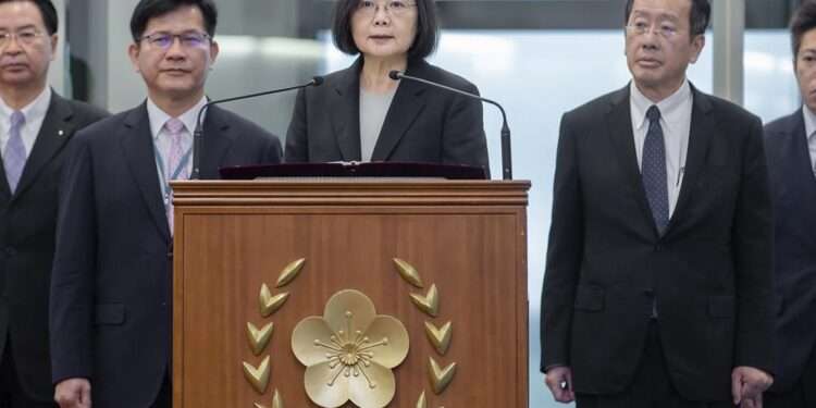 Taiwan's President, Tsai Ing-wen speaks before departing on an overseas trip at Taoyuan International Airport in Taipei, Taiwan, Wednesday, March 29, 2023.