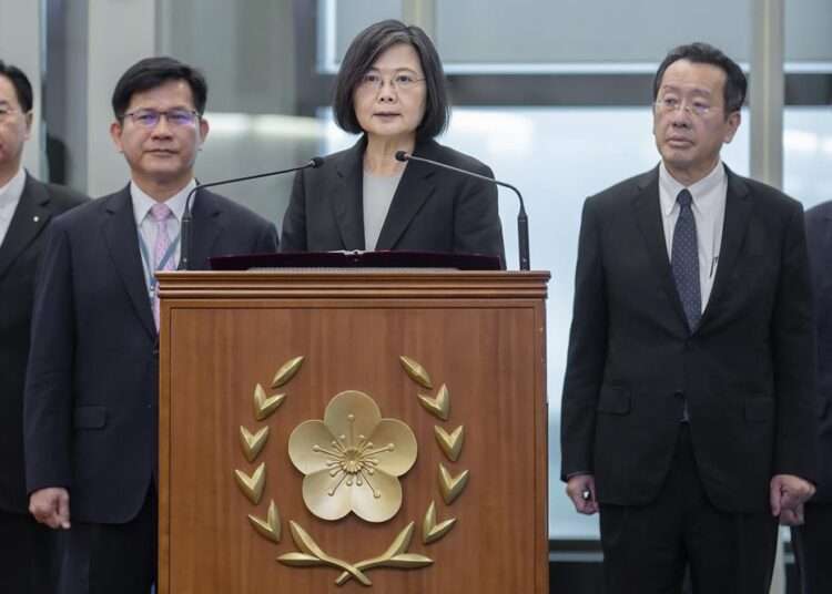 China Threatens Retaliation Over Meeting Between Tsai And McCarthy 1 Taiwan's President, Tsai Ing-wen speaks before departing on an overseas trip at Taoyuan International Airport in Taipei, Taiwan, Wednesday, March 29, 2023.