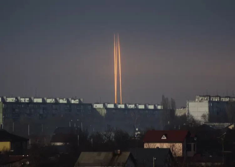 Massive Russian Missile Barrage Hits Targets Across Ukraine 1 Three Russian rockets launched against Ukraine from Russia's Belgorod region are seen at dawn in Kharkiv, Ukraine