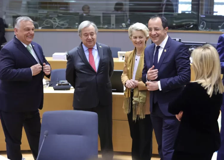 EU Approve Joint Ammunition Purchases For Ukraine 1 From left, Hungary's Prime Minister Viktor Orban, United Nations Secretary General, Antonio Guterres, European Commission President Ursula von der Leyen, Cypriot President Nikos Christodoulides and Italy's Prime Minister Giorgia Meloni during a round table meeting at an EU summit in Brussels, Thursday, March 23, 2023.
