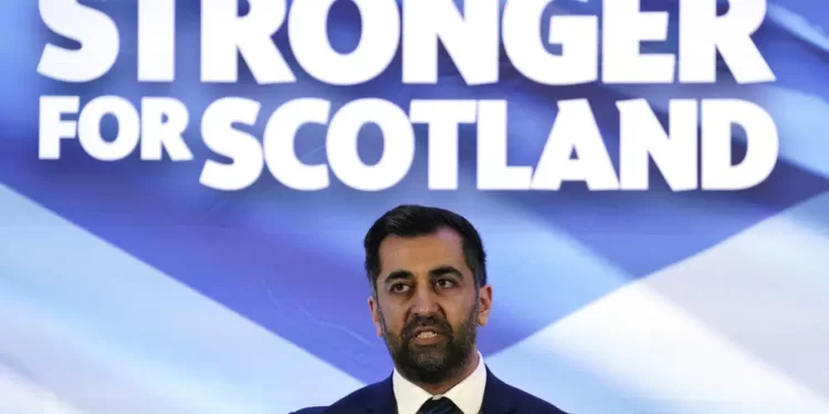 Newly elected Scottish National Party leader Humza Yousaf speaks after being announced new SNP leader, at Murrayfield Stadium, in Edinburgh, Scotland, Monday, March 27, 2023.