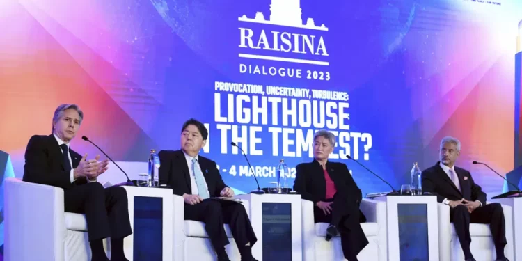 From left, U.S. Secretary of State Antony Blinken, Japanese Foreign Minister Yoshimasa Hayashi, Australian Foreign Minister Penny Wong and Indian Foreign Minister Subrahmanyam Jaishankar participate in a Quad ministers' panel at the Taj Palace Hotel in New Delhi Friday, March 3, 2023.
