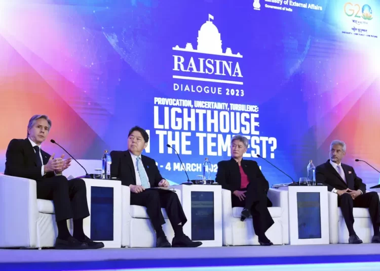 Quad Foreign Ministers Denounce China’s Influence On The Indo-Pacific Region 1 From left, U.S. Secretary of State Antony Blinken, Japanese Foreign Minister Yoshimasa Hayashi, Australian Foreign Minister Penny Wong and Indian Foreign Minister Subrahmanyam Jaishankar participate in a Quad ministers' panel at the Taj Palace Hotel in New Delhi Friday, March 3, 2023.