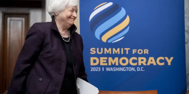 U.S Treasury Secretary, Janet Yellen arrives to speak during an anti-corruption panel discussion as part of the 2023 Summit for Democracy at the Treasury Department, Tuesday, March 28, 2023, in Washington.