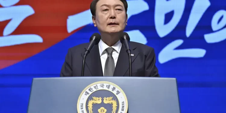 South Korea's President Yoon Suk Yeol speaks during a ceremony of the 104th anniversary of the March 1st Independence Movement Day against Japanese colonial rule, in Seoul Wednesday, March 1, 2023.
