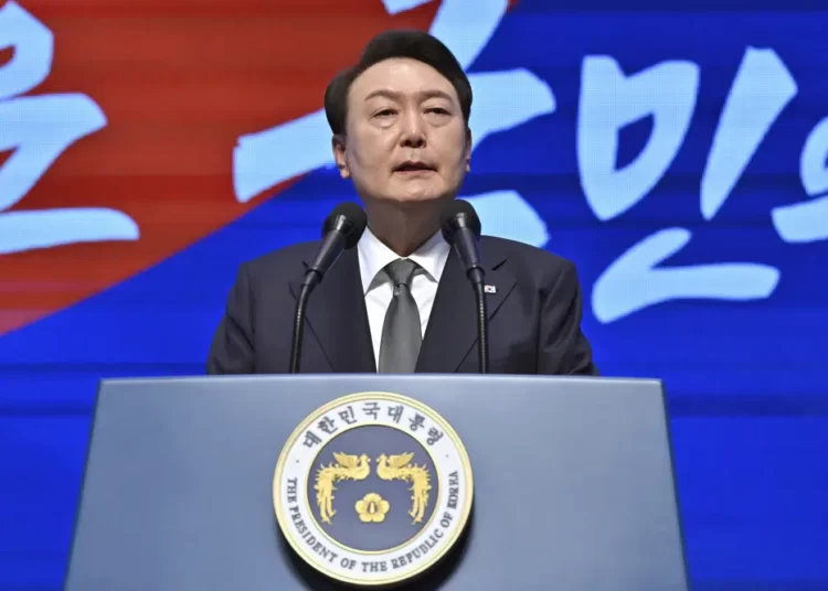 South Korea's President Yoon Suk Yeol speaks during a ceremony of the 104th anniversary of the March 1st Independence Movement Day against Japanese colonial rule, in Seoul Wednesday, March 1, 2023.