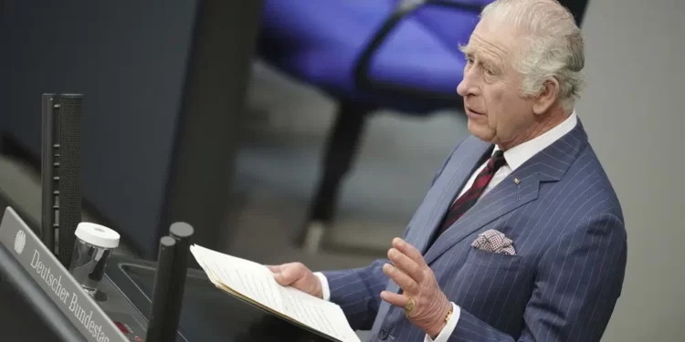 Britain's King Charles III speaks in the German parliament Bundestag on the second day of his trip to Germany in Berlin, Thursday, March 30, 2023.