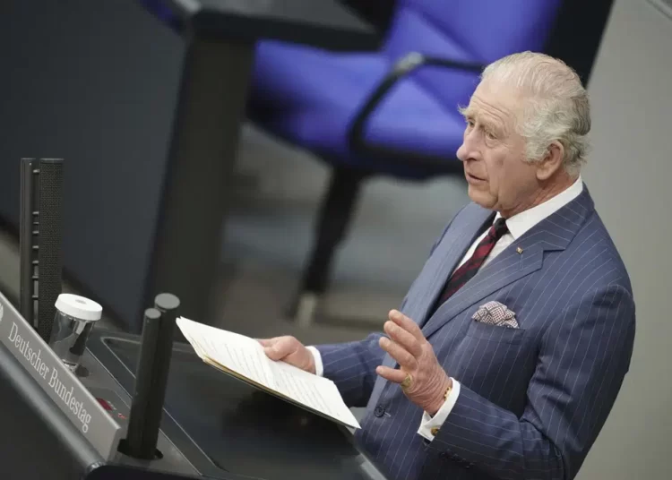 King Charles III Addresses Germany’s Bundestag 1 Britain's King Charles III speaks in the German parliament Bundestag on the second day of his trip to Germany in Berlin, Thursday, March 30, 2023.