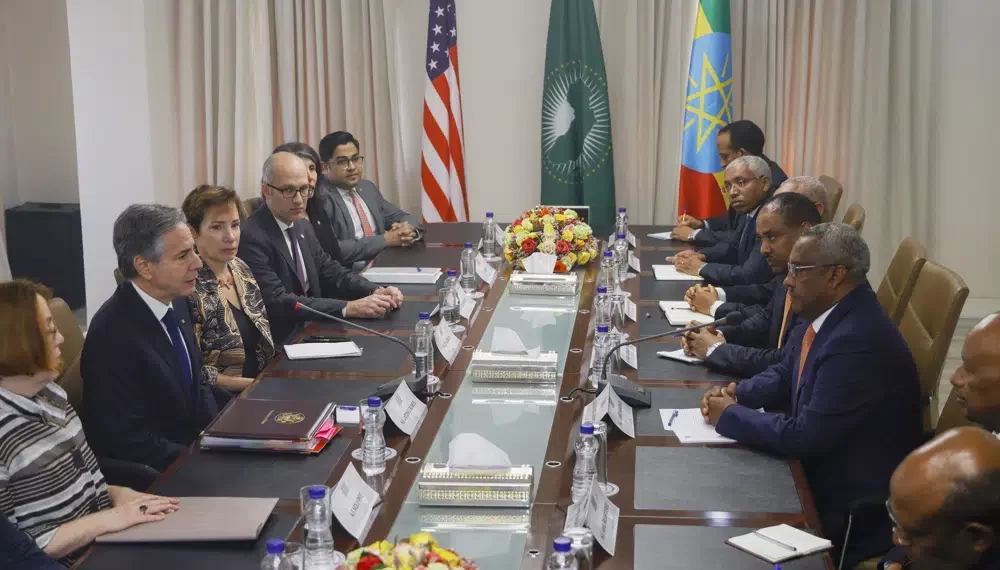 U.S. Secretary of State, Antony Blinken, second left, meets Ethiopian Deputy Prime Minister and Foreign Minister Demeke Mekonnen in Addis Ababa, Ethiopia, Wednesday, March 15, 2023