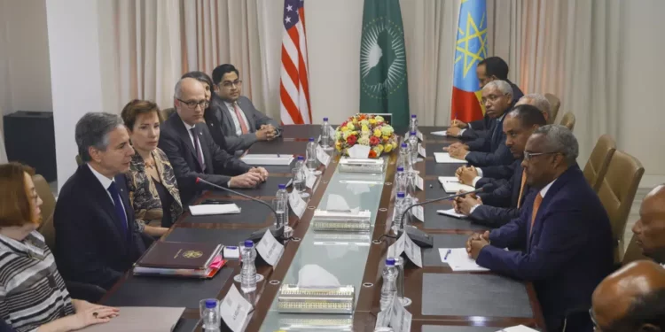 U.S. Secretary of State, Antony Blinken, second left, meets Ethiopian Deputy Prime Minister and Foreign Minister Demeke Mekonnen in Addis Ababa, Ethiopia, Wednesday, March 15, 2023