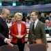 European Commission President Ursula von der Leyen, center, speaks with Turkey's Foreign Minister Mevlut Cavusoglu, left, and Sweden's Prime Minister Ulf Kristersson, right, during an International Donor's Conference for Turkey and Syria at the Charlemagne building in Brussels on Monday, March 20, 2023.