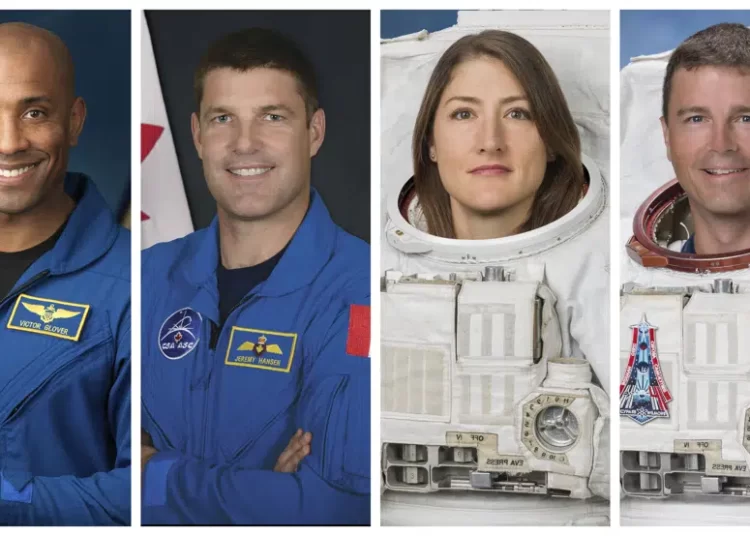 This combination of photos shows, from left, astronauts Victor Glover, Jeremy Hansen, Christina Koch, and Reid Wiseman.