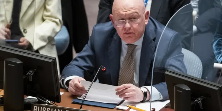 Vassily Nebenzia, permanent representative of Russia to the United Nations, speaks during a meeting of the UN Security Council, March 29, 2022, at United Nations headquarters.