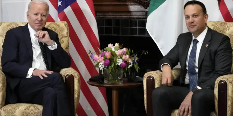 President Joe Biden meets with Ireland's Taoiseach Leo Varadkar at Farmleigh House, Thursday, April 13, 2023, in Dublin, Ireland.