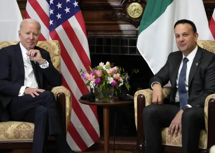 President Joe Biden meets with Ireland's Taoiseach Leo Varadkar at Farmleigh House, Thursday, April 13, 2023, in Dublin, Ireland.