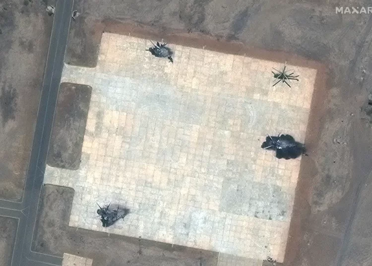 Fighting In Sudan Persist For Fifth Day 1 This satellite image provided by Maxar Technologies shows destroyed helicopters at a helicopter base in south Khartoum, Sudan.