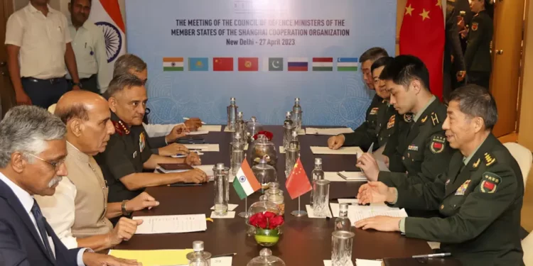 India Accuses China Of Violating Border Agreements 1 In this photo provided by the Indian Defence Ministry, Indian Defence Minister Rajnath Singh, seated third left, attends a meeting with his Chinese counterpart Li Shangfu, right, during the Shanghai Cooperation Organization Defence Minister's Meeting in New Delhi, India, Thursday, April 27, 2023.