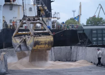 Workers load grain at a grain port in Izmail, Ukraine, Wednesday, April 26, 2023.