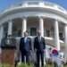 President Joe Biden and South Korea's President Yoon Suk Yeol stand as their two country's national anthems are played during a State Arrival Ceremony on the South Lawn of the White House in Washington.