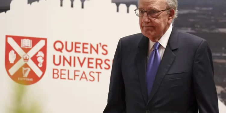 Former U.S. Sen. and chairman of negotiations George Mitchell attends the first day of a three-day international conference at Queen's University Belfast to mark the 25th anniversary of the Good Friday Agreement, in Belfast, Northern Ireland, Monday, April 17, 2023.