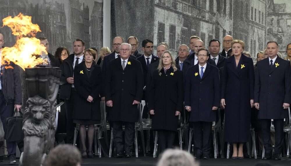 Front from right, Polish President Andrzej Duda, Agata Kornhauser-Duda, Israel's President Isaac Herzog, Michal Herzog, German President Frank-Walter Steinmeier and Elke Buedenbender attend a 'Warsaw Ghetto Uprising' commemoration reception in Warsaw, Poland, Wednesday, April 19, 2023.