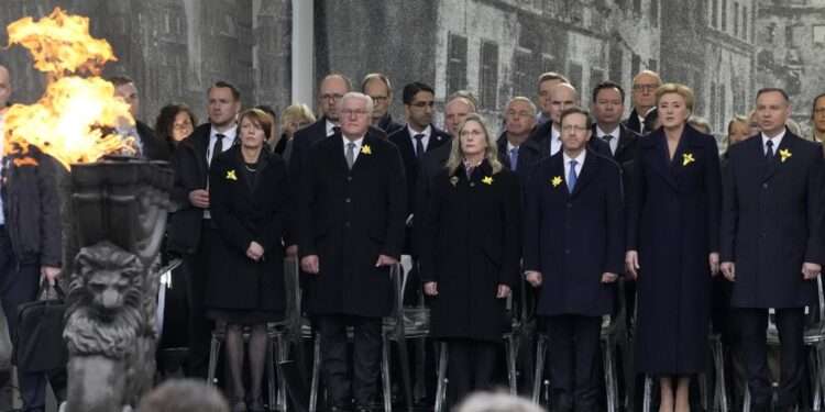 80th Anniversary Of Warsaw Ghetto Uprising Commemorated In Poland 1 Front from right, Polish President Andrzej Duda, Agata Kornhauser-Duda, Israel's President Isaac Herzog, Michal Herzog, German President Frank-Walter Steinmeier and Elke Buedenbender attend a 'Warsaw Ghetto Uprising' commemoration reception in Warsaw, Poland, Wednesday, April 19, 2023.