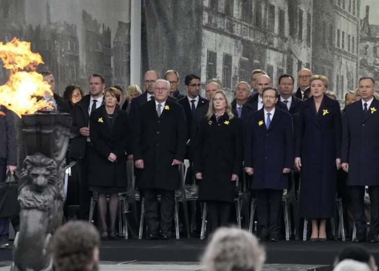 Front from right, Polish President Andrzej Duda, Agata Kornhauser-Duda, Israel's President Isaac Herzog, Michal Herzog, German President Frank-Walter Steinmeier and Elke Buedenbender attend a 'Warsaw Ghetto Uprising' commemoration reception in Warsaw, Poland, Wednesday, April 19, 2023.