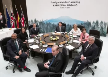 G7 Vows Tough, Unified Stance On Russia’s War 5 Clockwise from left, British Foreign Secretary James Cleverly, German Foreign Minister Annalena Baerbock, U.S. Secretary of State Antony Blinken, Japan's Foreign Minister Yoshimasa Hayashi, Canadian Foreign Minister Melanie Joly, French Foreign Minister Catherine Colonna, Italy's Foreign Minister Antonio Tajani and Deputy Secretary-General of the European External Action Service (EEAS) Enrique Mora pose for photographs at the start of the fifth working session of a G7 Foreign Ministers' Meeting at the Prince Karuizawa hotel in Karuizawa, Japan Tuesday, April 18, 2023.