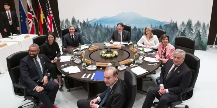 G7 Vows Tough, Unified Stance On Russia’s War 1 Clockwise from left, British Foreign Secretary James Cleverly, German Foreign Minister Annalena Baerbock, U.S. Secretary of State Antony Blinken, Japan's Foreign Minister Yoshimasa Hayashi, Canadian Foreign Minister Melanie Joly, French Foreign Minister Catherine Colonna, Italy's Foreign Minister Antonio Tajani and Deputy Secretary-General of the European External Action Service (EEAS) Enrique Mora pose for photographs at the start of the fifth working session of a G7 Foreign Ministers' Meeting at the Prince Karuizawa hotel in Karuizawa, Japan Tuesday, April 18, 2023.