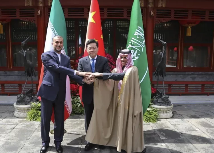 Iran And Saudi Arabia Restore Ties 1 In this picture released by the Iranian Foreign Ministry, Iran's Foreign Minister Hossein Amirabdollahian, left, shakes hands with his Saudi Arabian counterpart Prince Faisal bin Farhan Al Saud, right, and Chineses counterpart Qin Gang in Beijing Thursday, April 6, 2023.