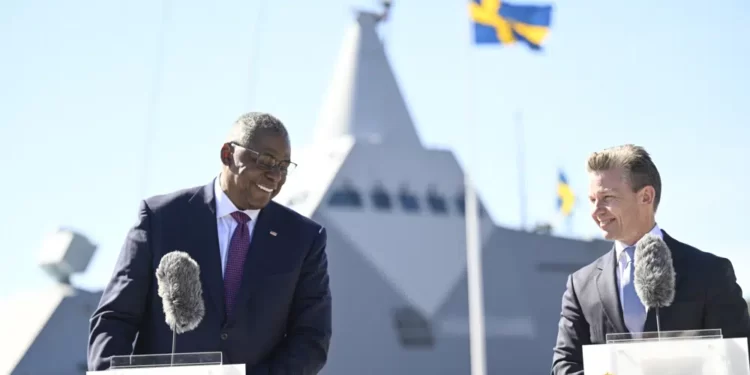US Secretary of Defense, Lloyd J. Austin III, and Sweden's Minister for Defence, Pål Jonson, hold a joint press conference at the Muskö Naval Base, in Stockholm, Sweden, Wednesday, April 19, 2023.