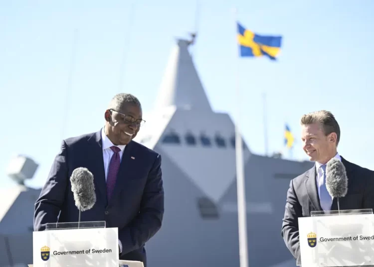US Secretary of Defense, Lloyd J. Austin III, and Sweden's Minister for Defence, Pål Jonson, hold a joint press conference at the Muskö Naval Base, in Stockholm, Sweden, Wednesday, April 19, 2023.