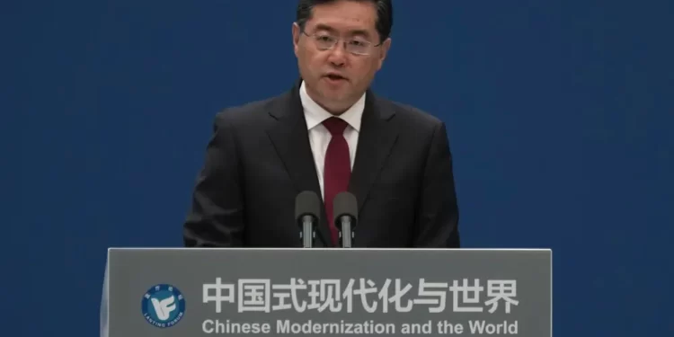 Chinese Foreign Minister, Qin Gang speaks during the forum titled Chinese Modernization and the World held at The Grand Halls in Shanghai, Friday, April 21, 2023.