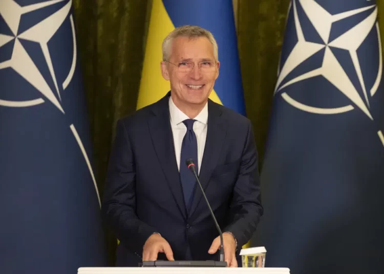 NATO Secretary General Jens Stoltenberg talks during joint press conference with Ukrainian President Volodymyr Zelenskyy in Kyiv, Ukraine, Thursday, April 20, 2023.