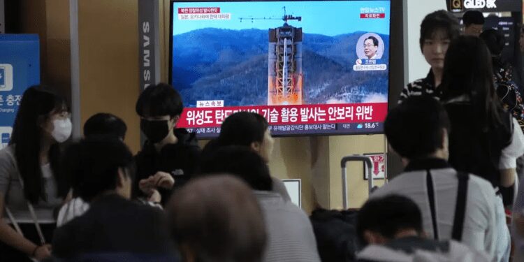 North Korea Spy Satellite Launch Crashes Into Sea 1 A TV screen shows a file image of North Korea's rocket launch during a news program at the Seoul Railway Station in Seoul, South Korea, Wednesday, May 31, 2023.