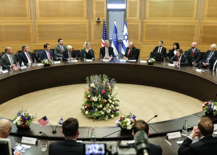 U.S House Speaker Addresses Israel’s Knesset 1 Speaker of the House Kevin McCarthy, in front of the flags left, and his Israeli counterpart, Knesset Speaker Amir Ohana, in front of the flags right, attend a bilateral meeting at the Knesset, Israel's Parliament, in Jerusalem, Israel, Sunday, April 30, 2023.