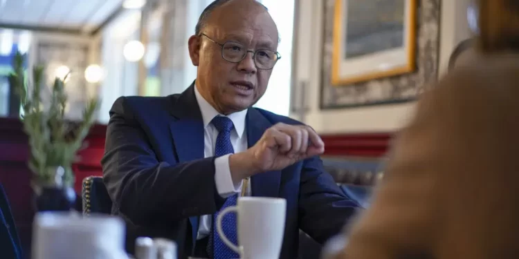 Taiwan Trade Minister John Chen-Chung Deng speaks during an interview at Willard Hotel's Café du Parc, in Washington, Wednesday, May 3, 2023.