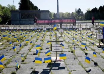 Activists set up an installation representing Russian atrocities against Ukraine, in Warsaw, Poland, on Tuesday May 9, 2023.