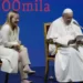 Pope Francis delivers his speech flanked by Italian Premier Giorgia Meloni during a conference on birthrate, at Auditorium della Conciliazione, in Rome, Friday, May 12, 2023.