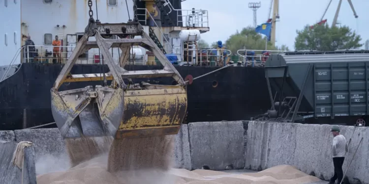 Workers load grain at a grain port in Izmail, Ukraine, on April 26, 2023.