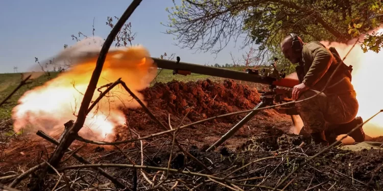 A Ukrainian soldier firing an anti-tank grenade launcher at a front line near Bakhmut (pictured on 3 May)
