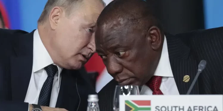 Russia's President Vladimir Putin with Cyril Ramaphosa of South Africa, during  a BRICS summit.
