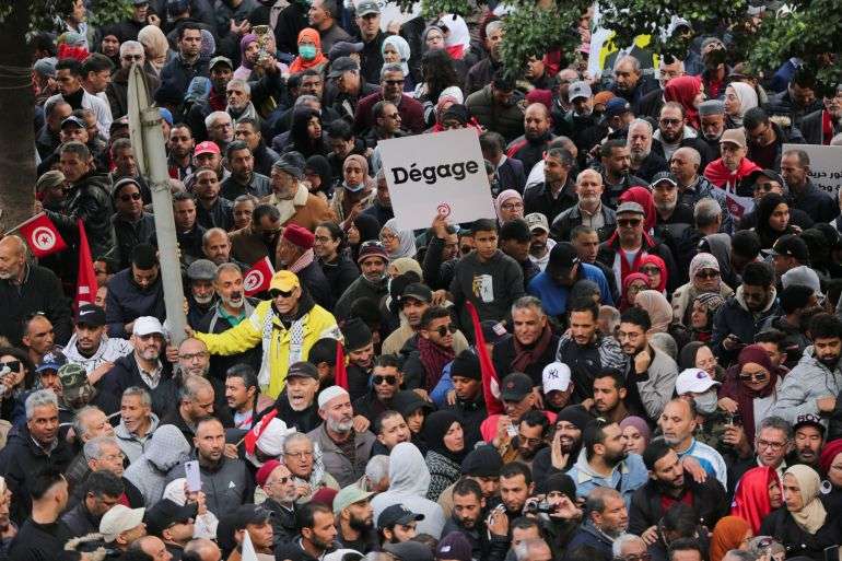 President Saied Intensifies Crack Down on Rivals 4 Demonstrators attend a protest against Tunisian President Kais Saied on the anniversary of the 2011 uprising in Tunis Tunisia
