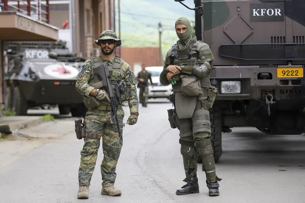German KFOR soldiers guard municipal building after yesterdays clashes between ethnic Serbs and troops from the NATO led KFOR peacekeeping force in the town of Zvecan northern Kosovo