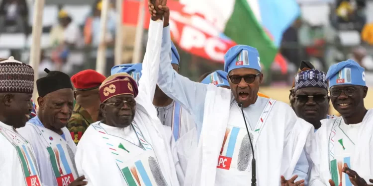 Nigerians Set For Their New President, Will Tinubu Deliver 1 Nigeria's President, Muhammadu Buhari, center right, Bola Ahmed Tinubu, presidential candidate of the All Progressives Congress, Nigeria ruling party, center left.