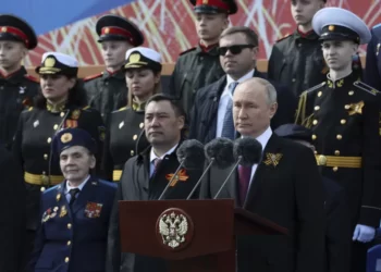 Russian President Vladimir Putin delivers his speech during the Victory Day military parade marking the 78th anniversary of the end of World War II in Red square in Moscow, Russia, Monday, May 9, 2022.