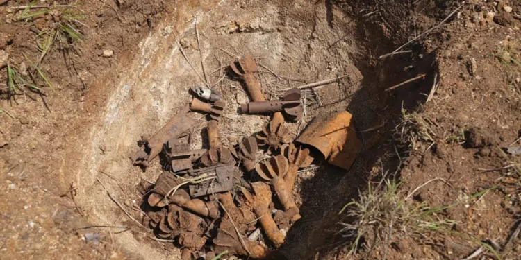 Remnants of cluster munitions are seen at a clearance site in Ayii, Eastern Equatoria state, in South Sudan.