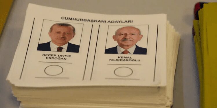 A ballot with the names and images of two presidential candidates, Recep Tayyip Erdogan, left, and Kemal Kilicdaroglu, at a polling station, in Ankara, Turkey, Sunday, May 28, 2023.